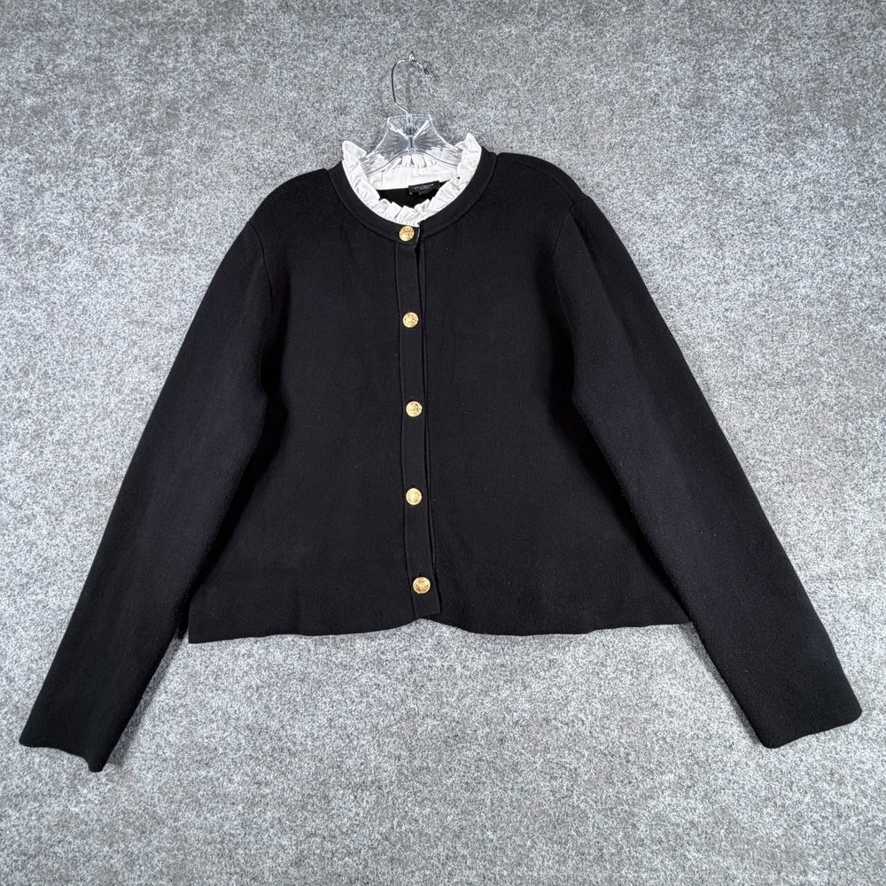 Ann Taylor Cardigan Sweater Womens XL Black Stretch Button Front Ruffle Collar